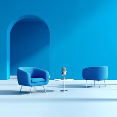 Aufkleber - Podcast Studio in Blue: Minimalist Design with Two Chairs and Retro Microphone