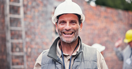 Poster - Construction, happy and portrait of man in city for inspection, building and maintenance. Civil engineering, architecture and mature person smile in hard hat for infrastructure and renovation project