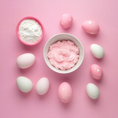 Poster - Pastel Pink Easter Delight Eggs and Frosting Bowl on a Soft Pink Background Overhead Shot for Festive Baking and Holiday Season