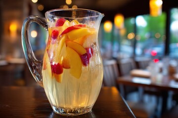 Poster - Refreshing summer drink with peach and raspberry in glass pitcher on wooden table in restaurant