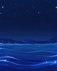 Poster - Serene nightscape illustration of a tranquil ocean under a starlit sky with distant mountains and gentle waves creating a peaceful and dreamy atmosphere