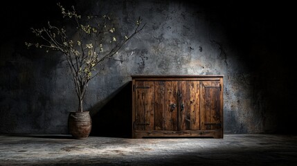 Aufkleber - Rustic wooden cabinet in a dimly lit room artistic photography vintage home decor elegant atmosphere