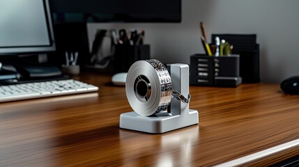 Poster - Office workspace setup with tape dispenser modern desk product photography minimalist environment close-up view