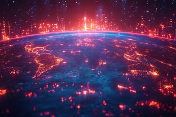 Poster - Vibrant view of Earth at night showcasing illuminated cities and vast oceans from a distant perspective