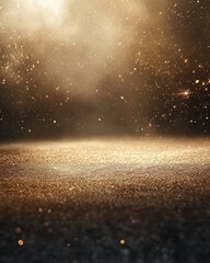 Poster - Golden Glittering Dust Particles Floating in Dark Space with Spotlights for Festive Celebration