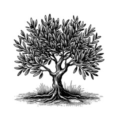 detailed engraving illustration of olive tree with leaves, roots and grass on white background