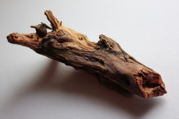 Poster - Close up of a weathered driftwood piece on a white surface showcasing natural texture and organic form in a studio setting with soft lighting