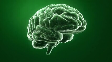 Poster - A smart tech brain with light pulses and smooth synthetic surface, floating alone over bright green backdrop