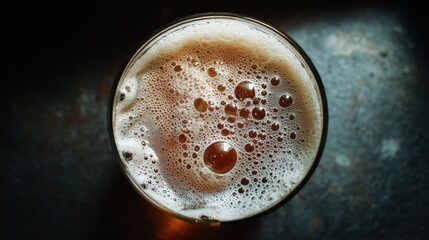 Poster - Overhead view of a refreshing beer pint with frothy head and bubbles on a dark surface capturing a sense of refreshment and enjoyment in a pub setting