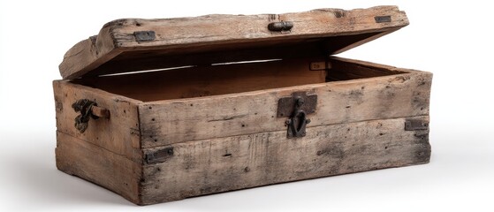 Poster - Rustic Wooden Chest Open Revealing Empty Interior Antique Storage Trunk on White Background with Soft Shadows