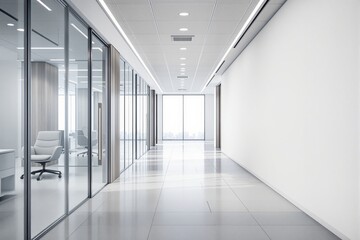 Poster - Minimalist office hallway with glass-walled rooms, white ceilings, tiled floor, and clear architectural lines on a bright, clean background. Ai generative