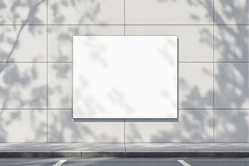 Poster - Empty white billboard mockup on textured tiled wall with soft natural shadows, clean pavement foreground, concept of presentation or advertising. Ai generative
