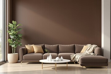Poster - Cozy living room interior with brown sofa, cushions, blanket, indoor plant and empty brown wall background for mockup or branding presentation. Ai generative
