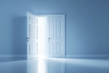 Aufkleber - White door opened in a clean minimalist blue room with glowing light shining through, symbolizing opportunity and modern interior architecture. Ai generative