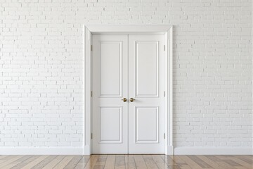 Poster - White classic double doors with brass handles set in a white painted brick wall, standing on a light wooden floor, symbolizing minimal architecture. Ai generative