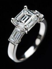 Poster - Elegant emerald cut diamond engagement ring on a black background showcasing its brilliance and sophisticated style for a timeless love
