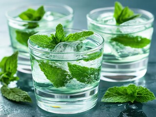 Poster - Refreshing mint infused water with ice cubes in clear glasses against a cool toned background evoking freshness and summer vibes