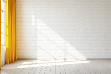 Aufkleber - Empty white brick wall and wooden floor interior with sunlight and yellow curtains, clean minimalist style, bright background for copyspace concept. Ai generative