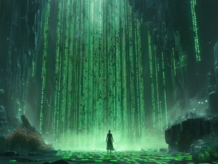 Poster - Beneath the Digital Cascade: A Solitary Figure Amidst Virtual Reality