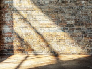Poster - Sunlight Streaming Across a Rustic Brick Wall Casting Dramatic Shadows on a Wooden Floor Creating a Warm Interior