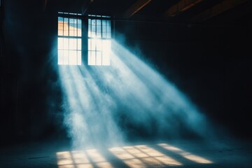Poster - Ethereal light streams through window illuminating dusty abandoned room creating dramatic contrast and atmospheric mood casting shadows and highlighting texture in dark space