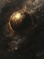 Poster - abstract golden sphere on dark textured background with artistic brushstrokes and radiant light effe