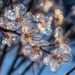 Poster - Frozen blossom on branch glistening in sunlight winter wonder floral beauty in icy encasement nature art