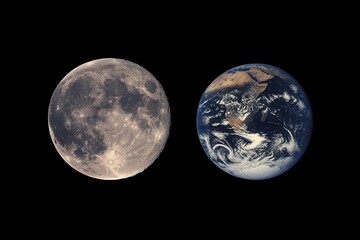 Poster - Earth and Moon side by side celestial bodies in deep space cosmic harmony serene view astronomical science detailed surface exploration lunar and terrestrial contrast