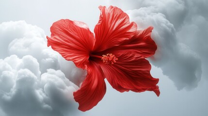 Poster - Striking Hibiscus Blossom Against Dreamy Cloudscape Captivating Floral Beauty Dramatic Contrast Serene Sky Artistic Composition Delicate Petals Vivid Color