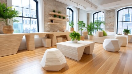 Poster - A modern interior space featuring unique, sculptural furniture, large windows, and greenery, creating a fresh and inviting atmosphere, sustainable futurism