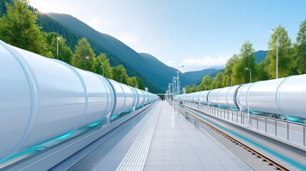 Poster - A futuristic transport hub featuring sleek tubes and a modern platform set against a mountainous landscape under a clear blue sky, sustainable futurism