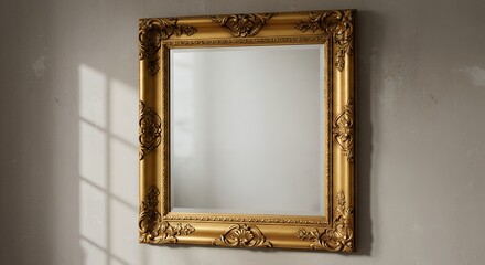 Poster - Elegant Golden Mirror Hanging on a Textured Wall with Window Light and Shadows