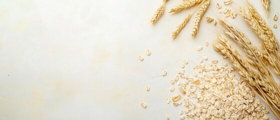 Poster - Rustic charm of golden wheat stalks and scattered oat flakes on a textured creamy background evoking natural goodness and healthy eating