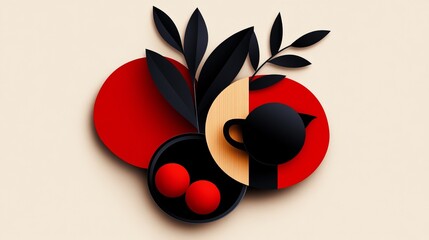 Aufkleber - abstract illustration features overlapping geometric shapes with a teapot, leaves, and spherical for