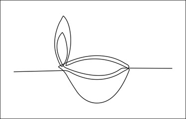 Poster - Continuous one line drawing of hand holding diya lamp light for Diwali celebration. Deepavali oil lamp line art vector design on white background. 