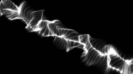 Fototapete - 4k resolution white form particles dot and lines wave swirling dynamically across lush black background, Animated motion graphics for digital design and video production elements