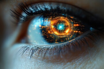 Poster - Close-up view of a human eye reflecting a futuristic digital landscape with vibrant circular patterns and glowing elements
