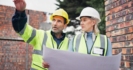 Poster - Blueprint, meeting and construction team on site planning for building, maintenance or repairs. Discussion, architecture and civil engineers in collaboration for renovation or industrial project.