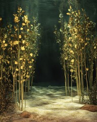 Poster - Enchanting underwater forest scene with golden leaves and sunlight filtering through the water creating a serene and mystical atmosphere