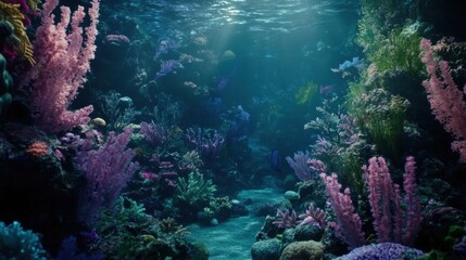Poster - Enchanting underwater coral reef with vibrant colors and sunlight filtering through the clear ocean water, creating a serene aquatic scene