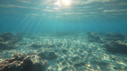 Poster - Tranquil underwater scene with sun rays filtering through clear turquoise water illuminating sandy seabed and coral reef formations creating serene aquatic vista
