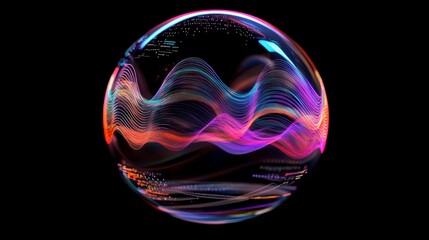 Fototapete - Abstract sphere with colorful, wavy data streams inside on black background.