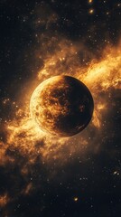 Wall Mural - ethereal planet amidst fiery cosmic clouds and stardust a celestial journey through space exploratio