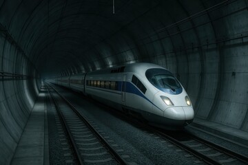 Poster - High-Speed Train Traveling Through Dimly Lit Underground Tunnel