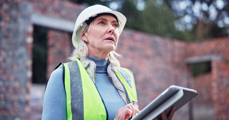 Poster - Construction, woman and tablet with site inspection for building observation, project supervision and safety check. Architecture, mature person and digital report for compliance and quality assurance