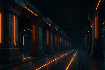 Poster - Futuristic Underground Tunnel with Neon Lighting Design Elements