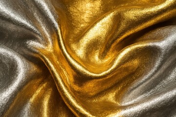Poster - Silky Golden and Silver Fabric Texture in Flowing Waves