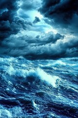 Poster - Dramatic seascape with turbulent waves under a stormy sky evoking power and awe in a vertical format capturing the raw energy of nature