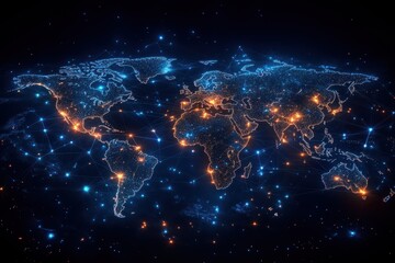 Poster - Visual representation of global connectivity through digital networks and lights on a world map at night