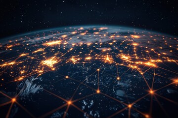 Poster - Global nighttime view of interconnected cities illuminated by urban lights and technology from space shows vibrant patterns over Earth